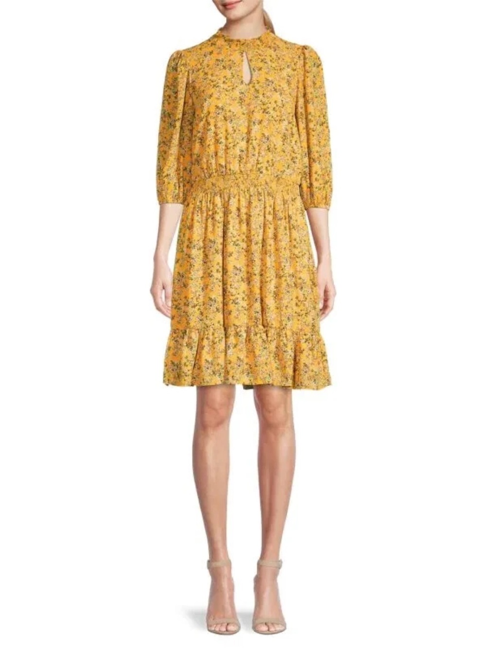 Nanette Lepore Floral 3/4 Sleeve Keyhole Smocked Midi Dress in yellow floral 14